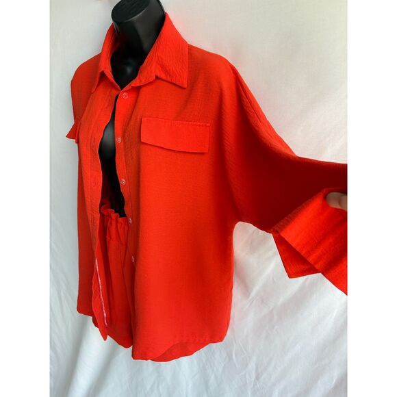 European Summer Two Piece Outfit Set Shirt and Shorts Size M/L Orange Beachy - Picture 4 of 12